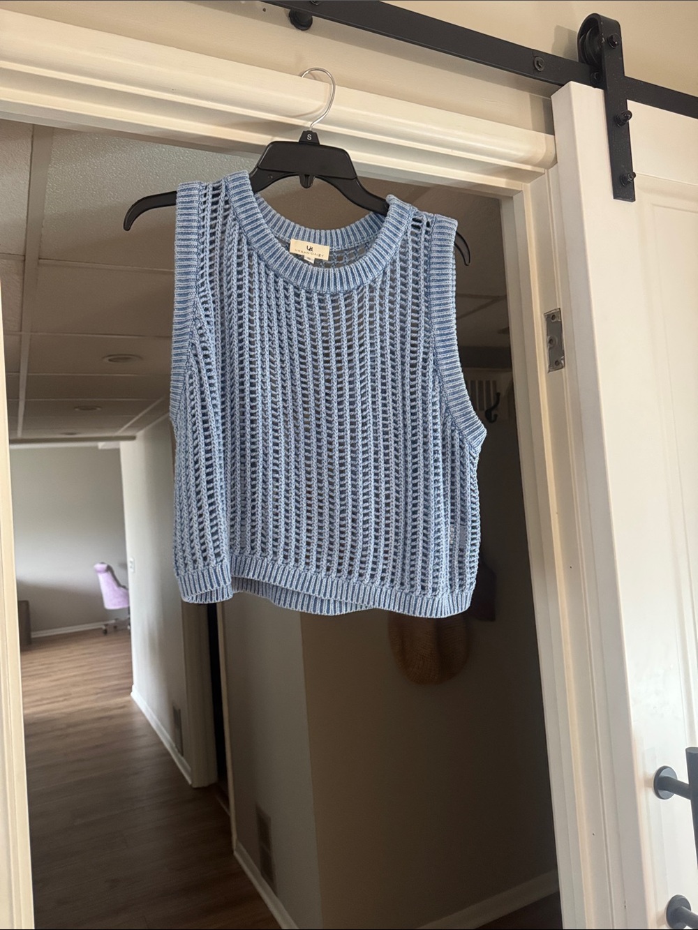 Light Blue Crochet Knit Sleeveless Sweater Top